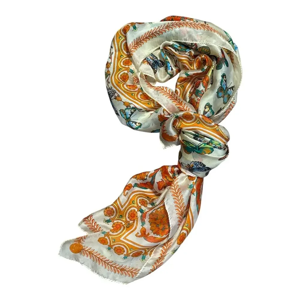 Vintage Butterfly Print Silk Scarf Large Rectangle Womens Multicolor Cream Y2K